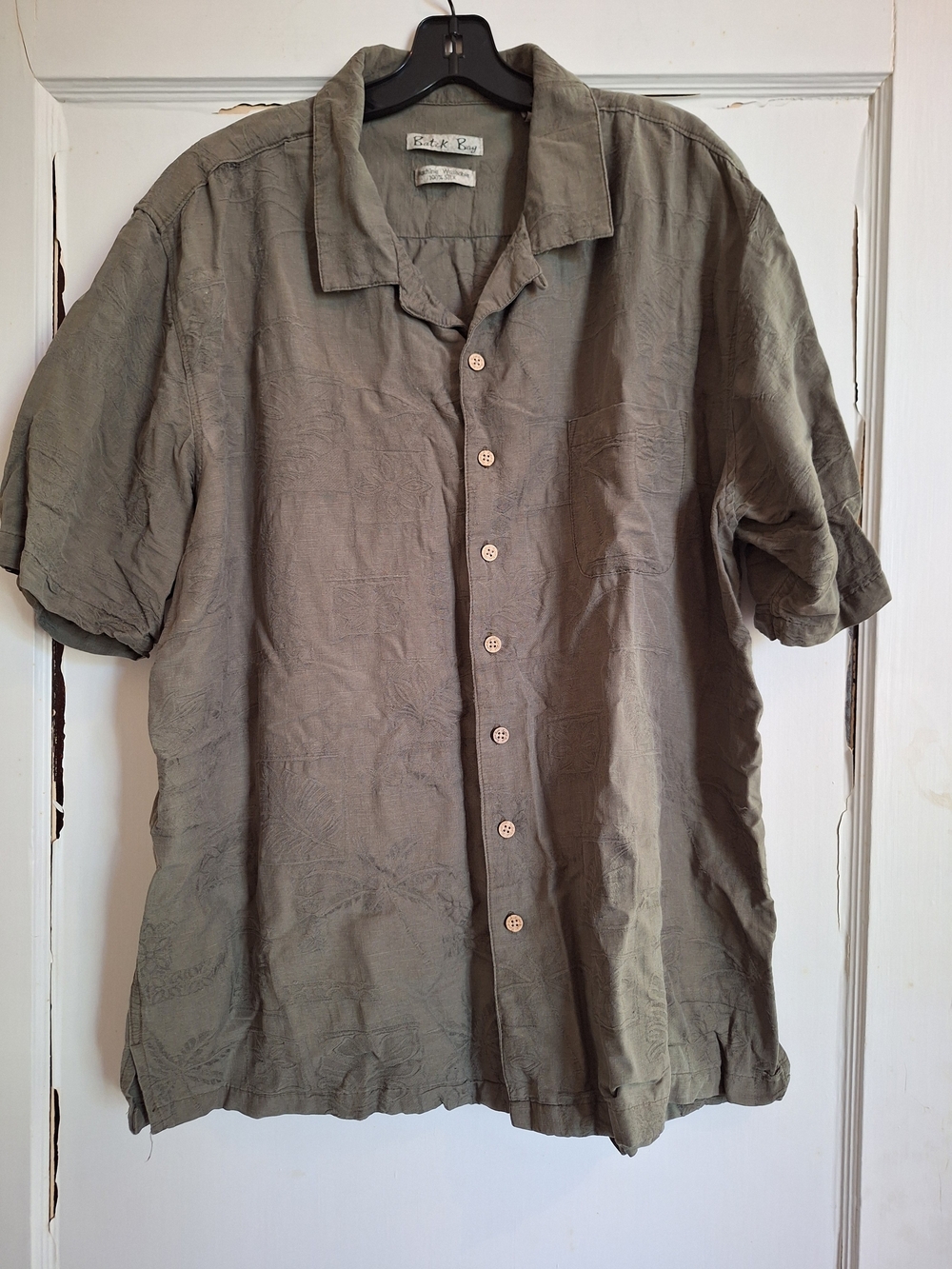 Batik Bay Mens Green Textured 100% Silk Short Sleeve Button Up Shirt Sz 2XLT